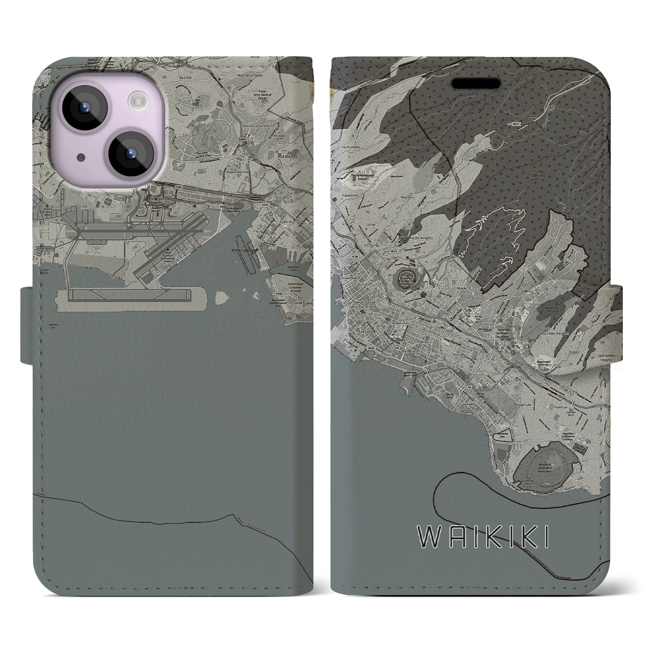 【ワイキキ2(アメリカ)】地図柄iPhoneケース(手帳タイプ)