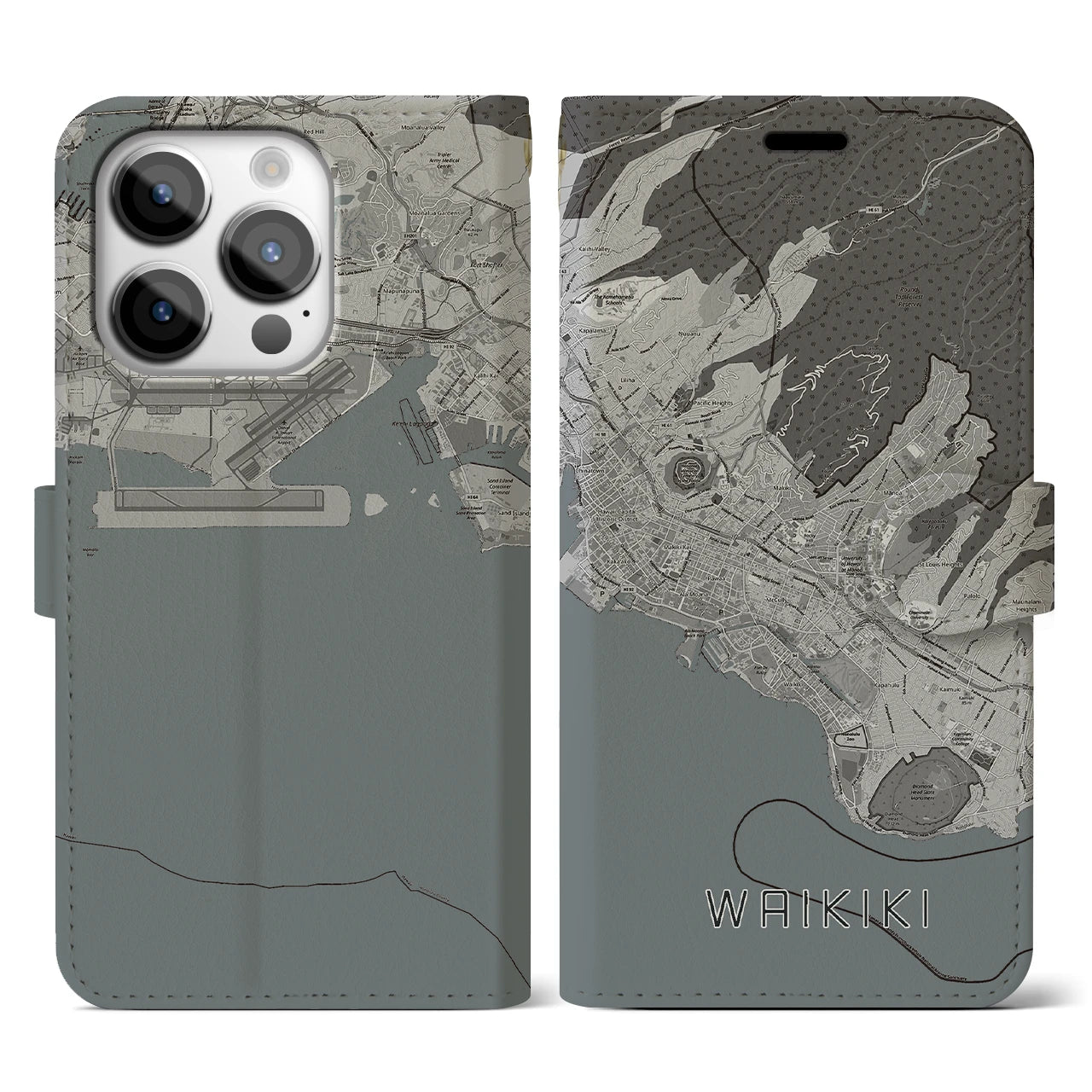 【ワイキキ2(アメリカ)】地図柄iPhoneケース(手帳タイプ)