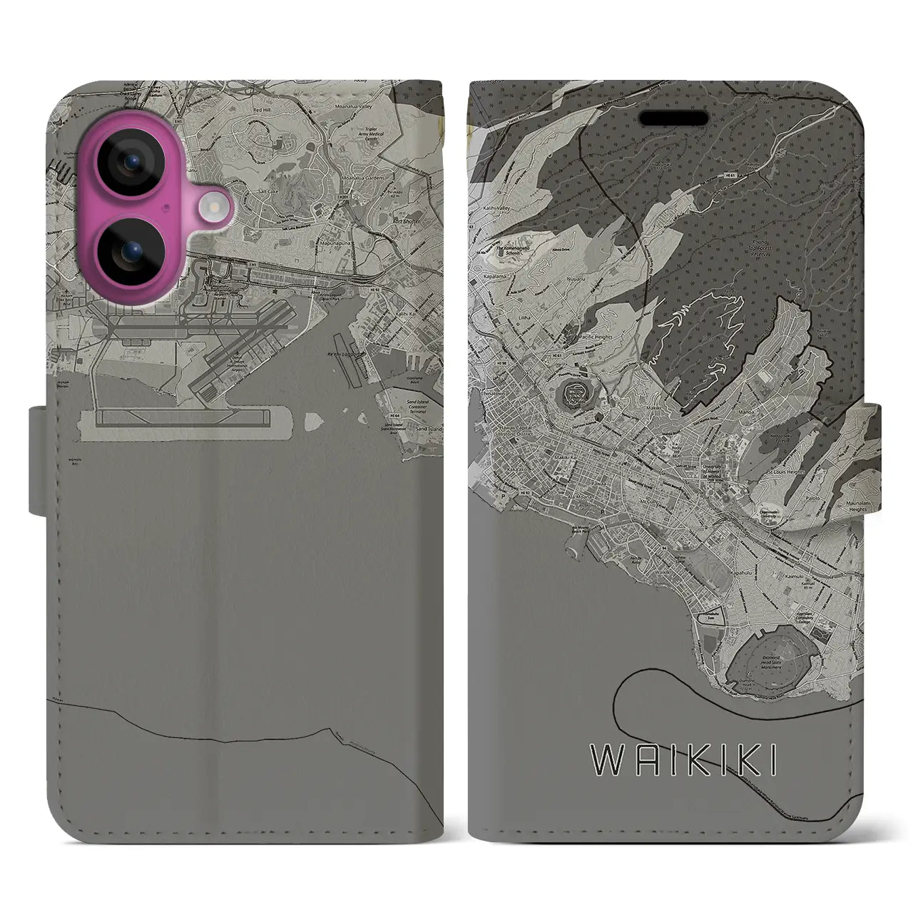 【ワイキキ2(アメリカ)】地図柄iPhoneケース(手帳タイプ)モノトーン・iPhone 16 Pro 用