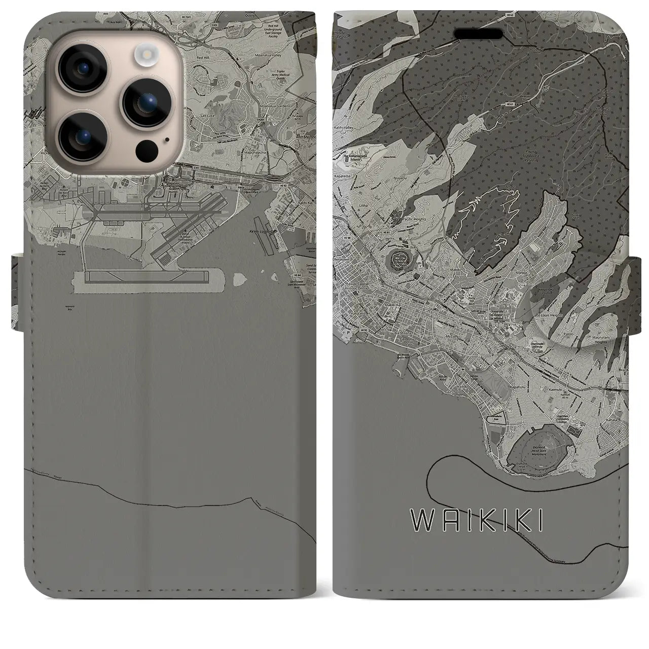 【ワイキキ2(アメリカ)】地図柄iPhoneケース(手帳タイプ)モノトーン・iPhone 16 Plus 用