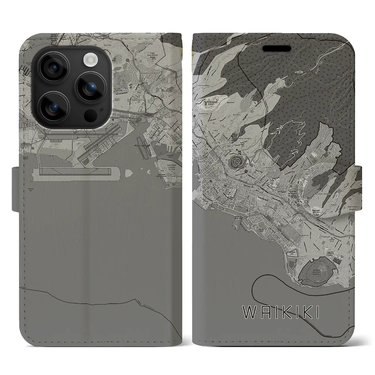 【ワイキキ2(アメリカ)】地図柄iPhoneケース(手帳タイプ)モノトーン・iPhone 16 用