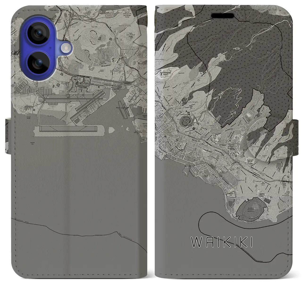 【ワイキキ2(アメリカ)】地図柄iPhoneケース(手帳タイプ)モノトーン・iPhone 16 Pro Max 用