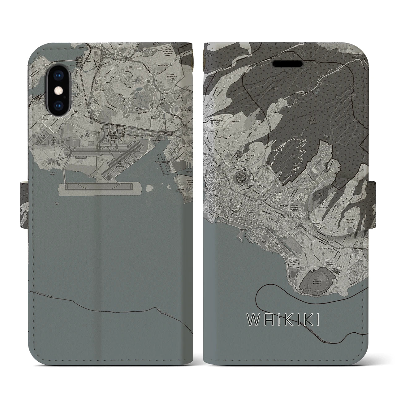 【ワイキキ2(アメリカ)】地図柄iPhoneケース(手帳タイプ)モノトーン・iPhone XS / X 用