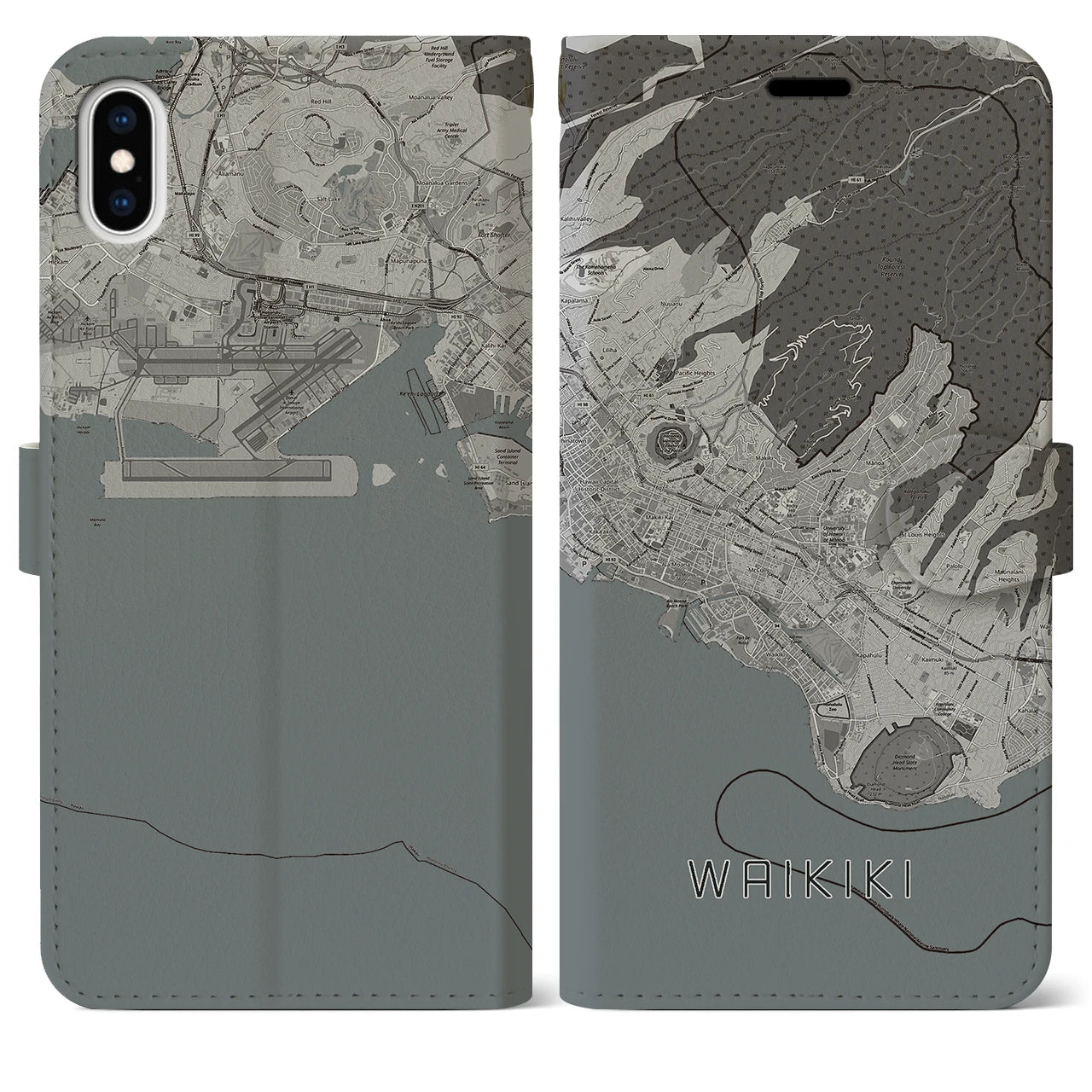 【ワイキキ2(アメリカ)】地図柄iPhoneケース(手帳タイプ)モノトーン・iPhone XS Max 用
