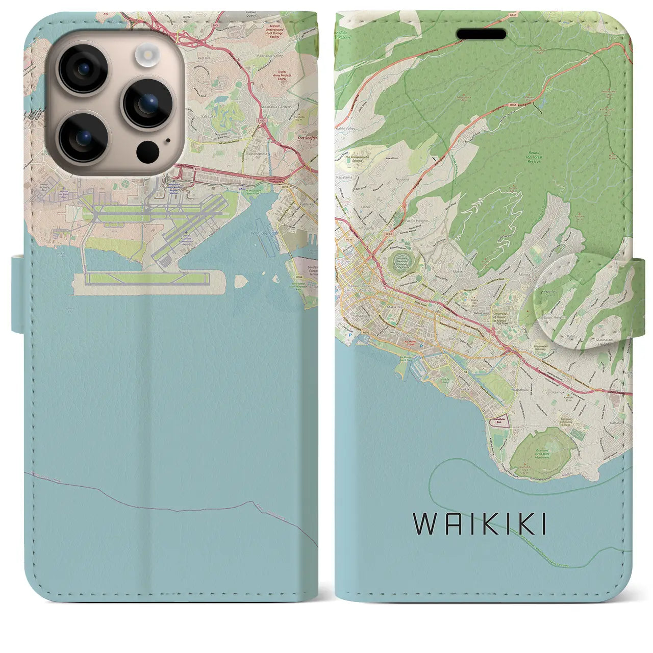 【ワイキキ2(アメリカ)】地図柄iPhoneケース(手帳タイプ)ナチュラル・iPhone 16 Plus 用