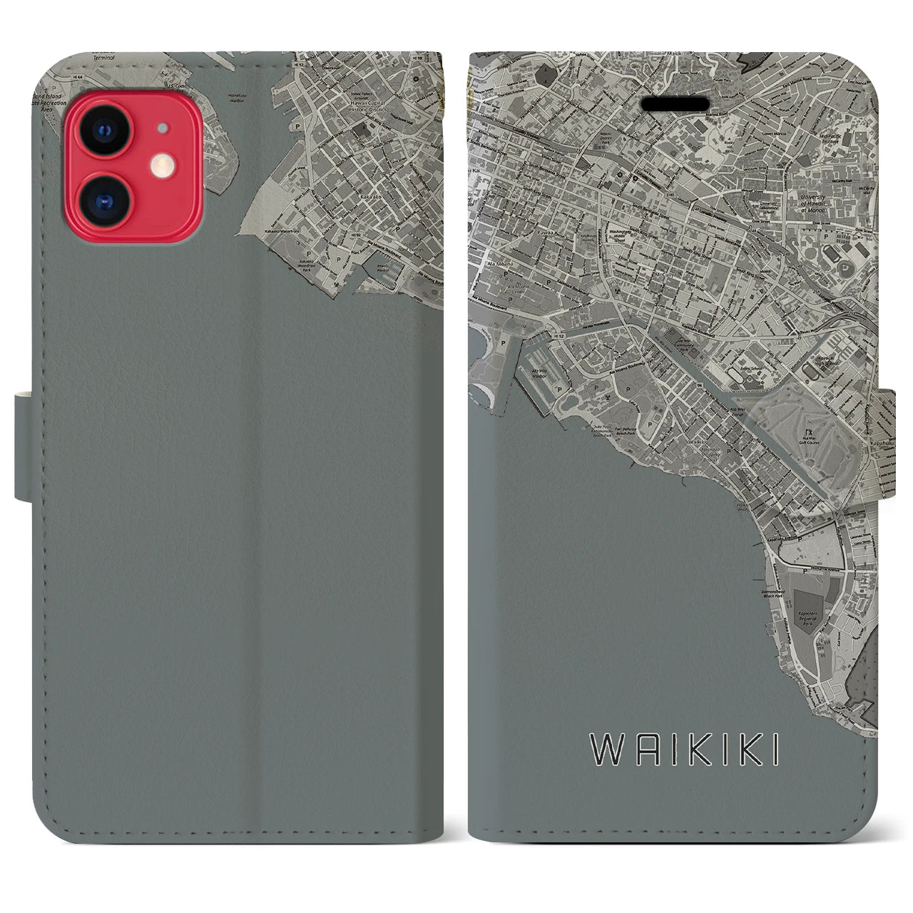 【ワイキキ(アメリカ)】地図柄iPhoneケース(手帳タイプ)モノトーン・iPhone 11 用
