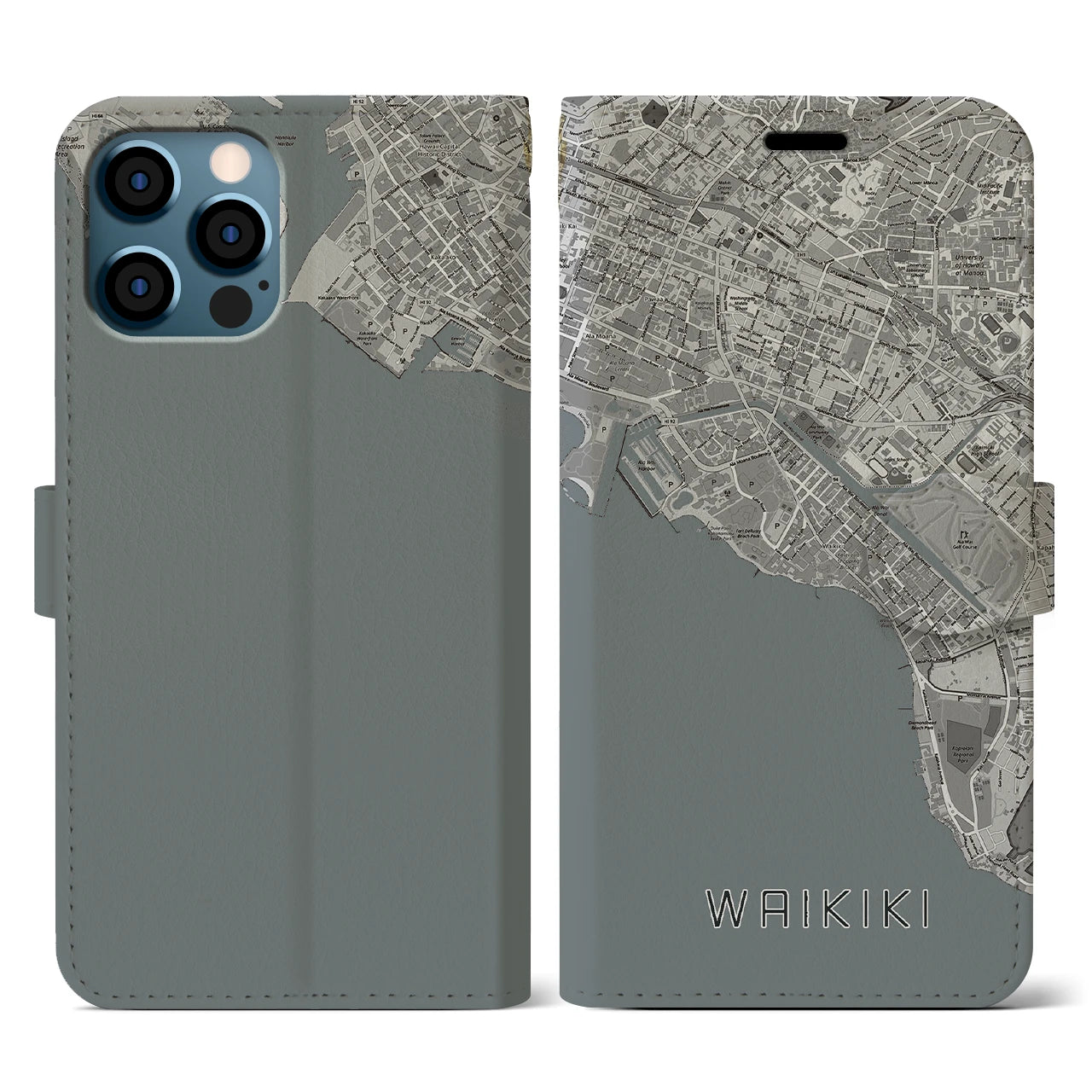 【ワイキキ(アメリカ)】地図柄iPhoneケース(手帳タイプ)モノトーン・iPhone 12 / 12 Pro 用