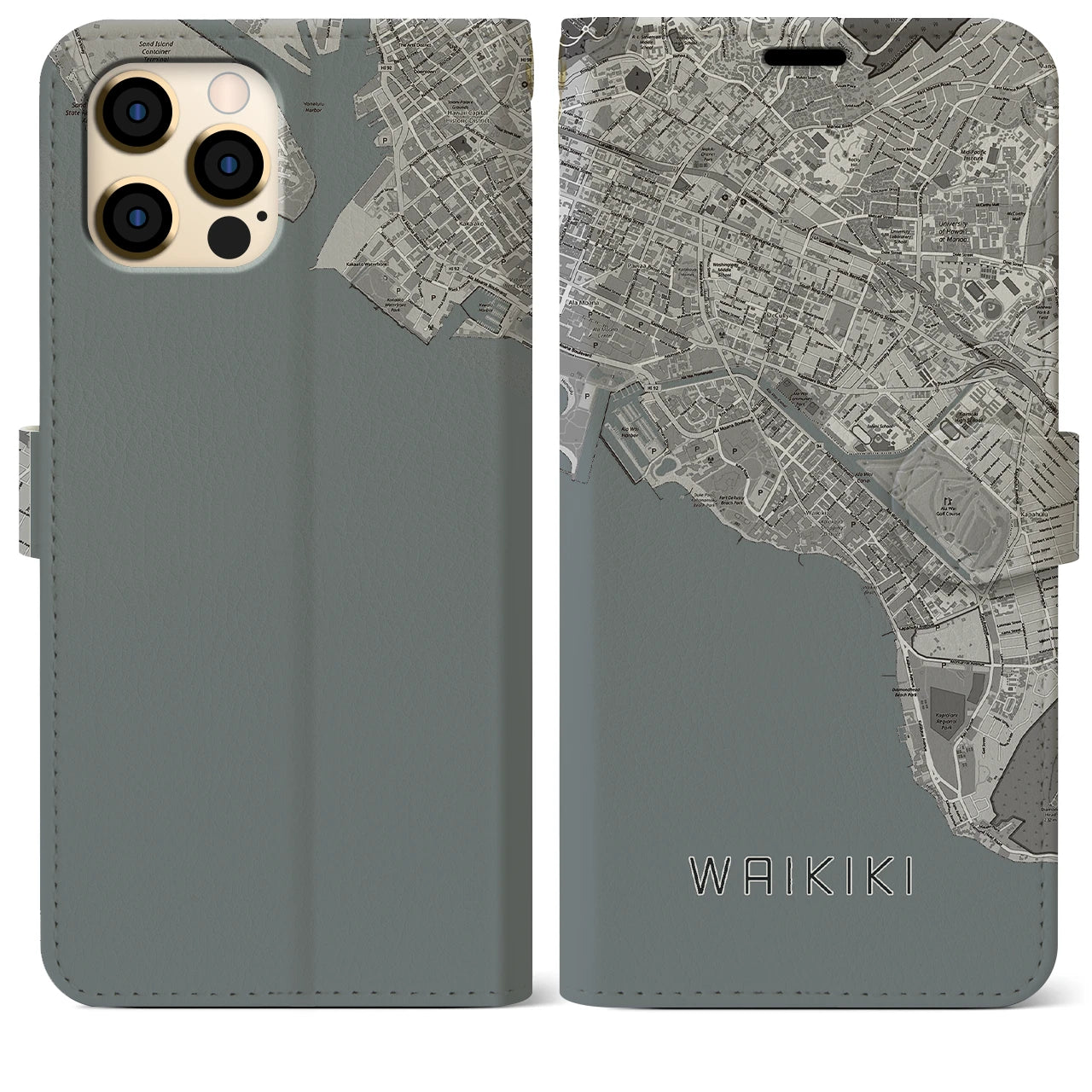 【ワイキキ(アメリカ)】地図柄iPhoneケース(手帳タイプ)モノトーン・iPhone 12 Pro Max 用
