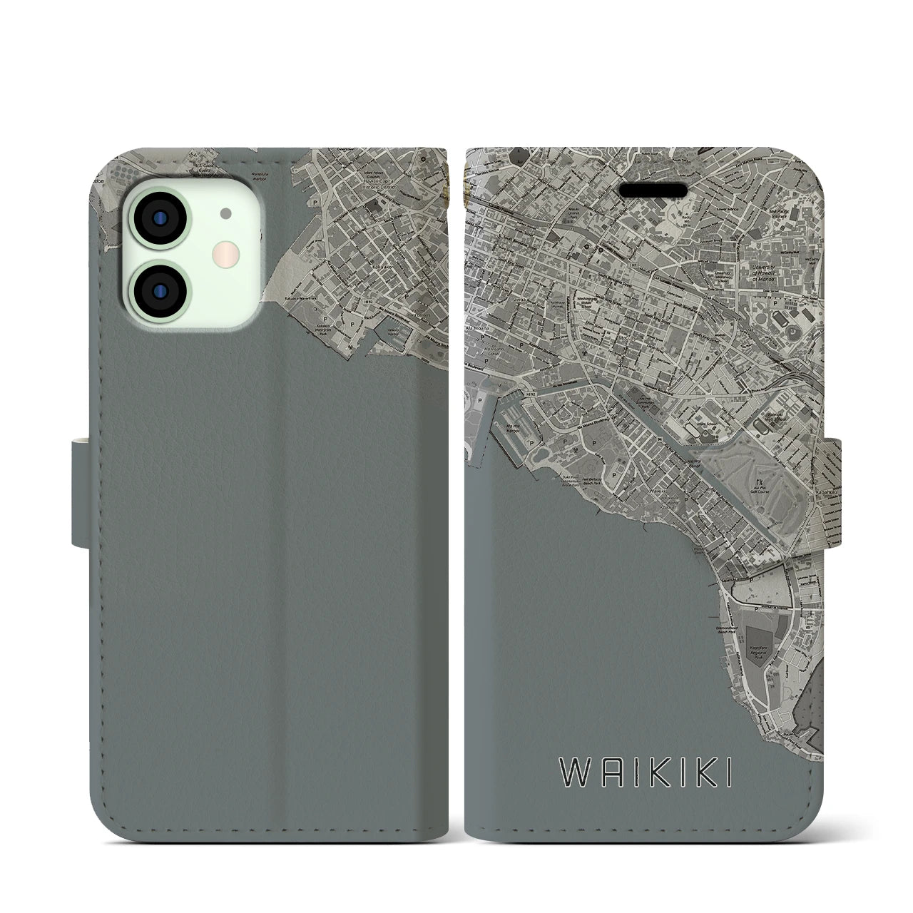 【ワイキキ(アメリカ)】地図柄iPhoneケース(手帳タイプ)モノトーン・iPhone 12 mini 用