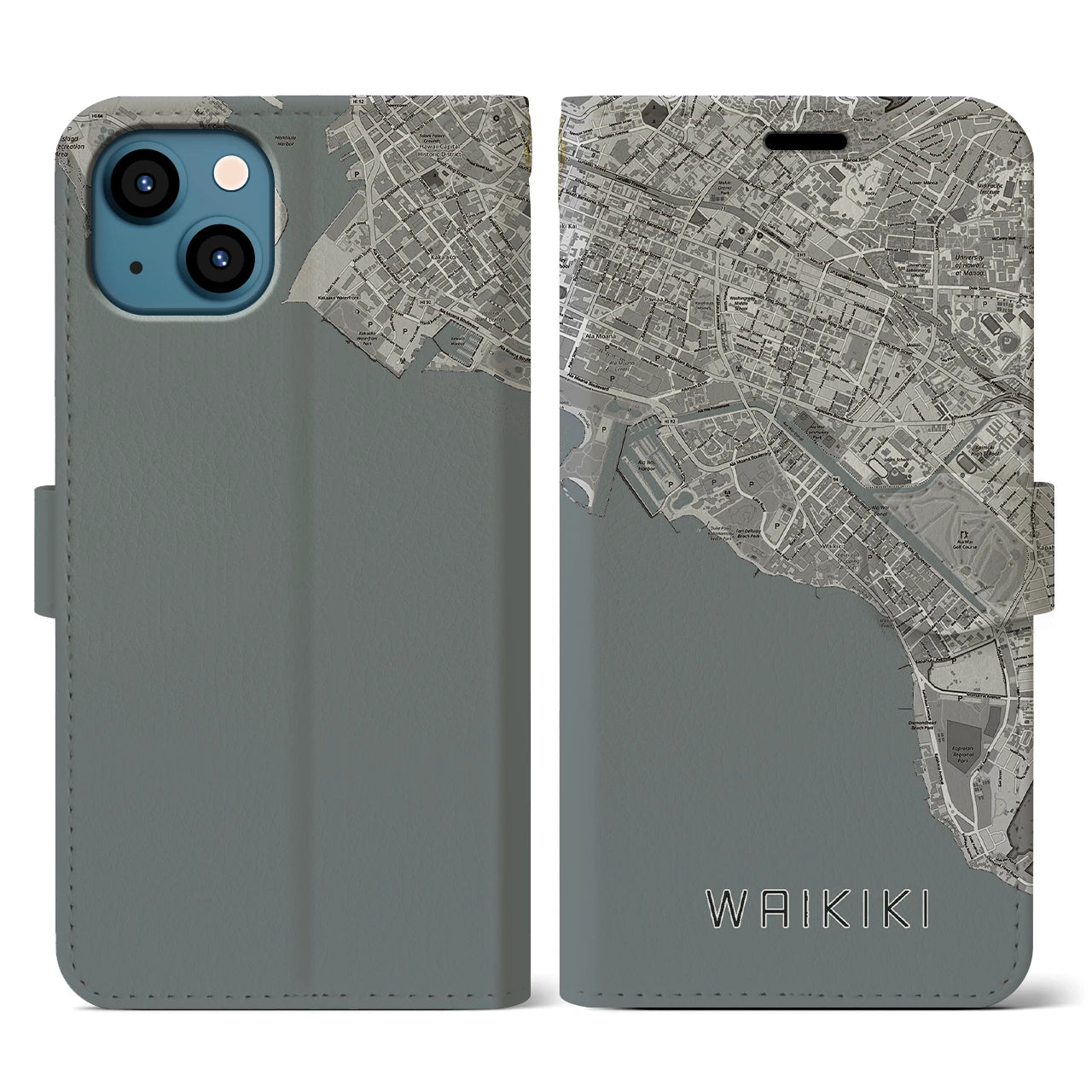 【ワイキキ(アメリカ)】地図柄iPhoneケース(手帳タイプ)モノトーン・iPhone 13 用