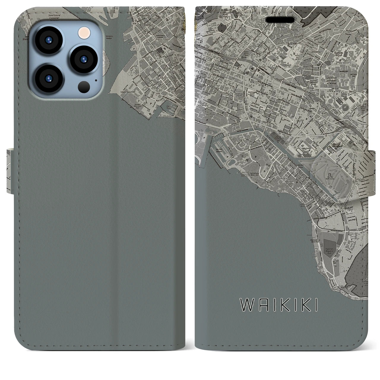 【ワイキキ(アメリカ)】地図柄iPhoneケース(手帳タイプ)モノトーン・iPhone 13 Pro Max 用