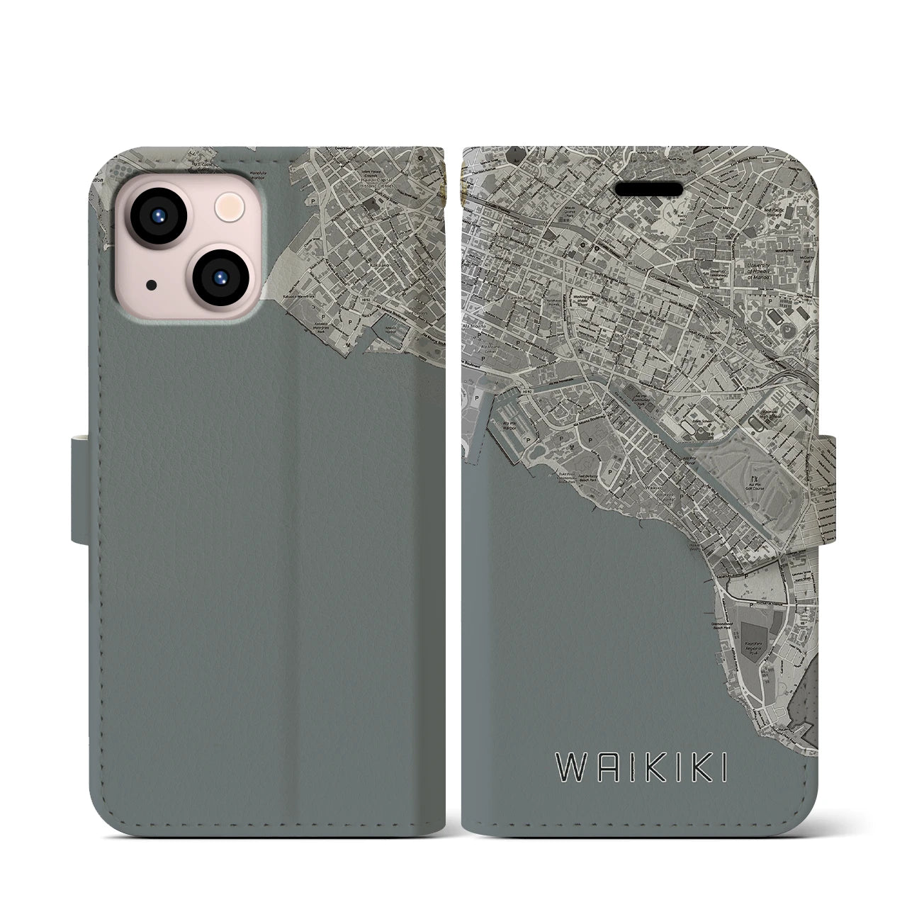 【ワイキキ(アメリカ)】地図柄iPhoneケース(手帳タイプ)モノトーン・iPhone 13 mini 用