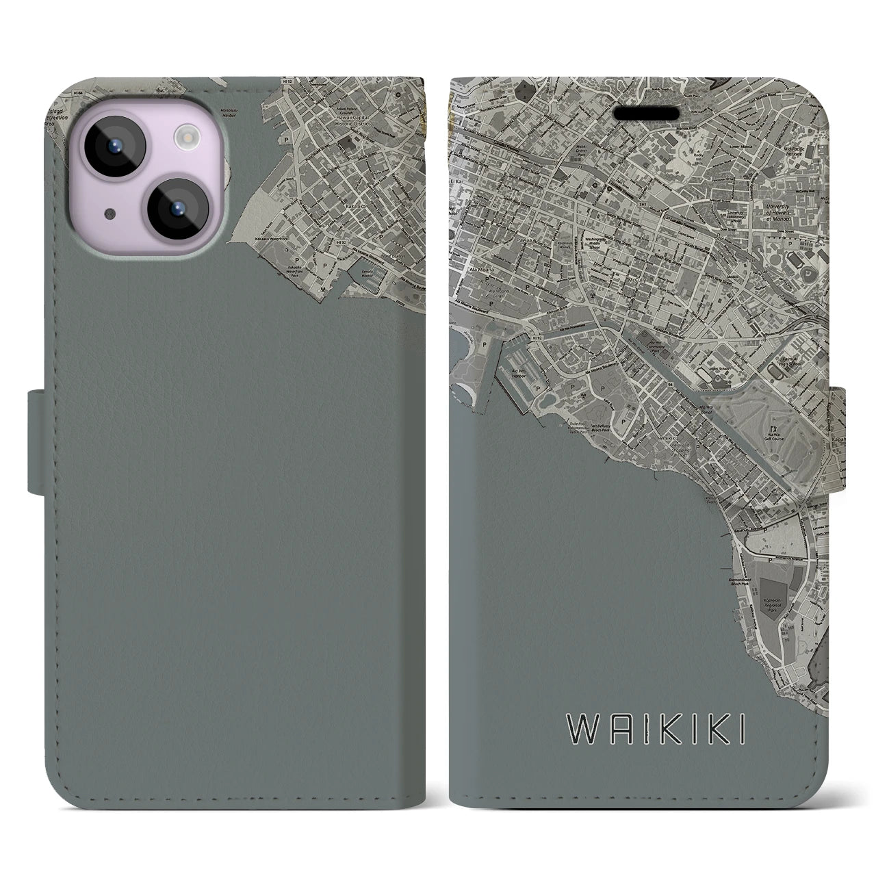 【ワイキキ(アメリカ)】地図柄iPhoneケース(手帳タイプ)モノトーン・iPhone 14 用