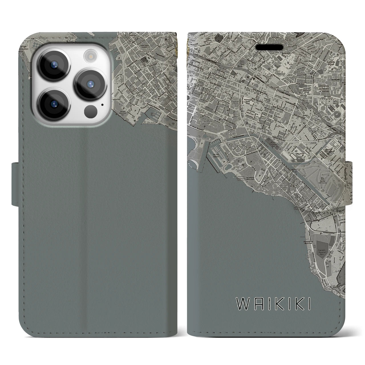 【ワイキキ(アメリカ)】地図柄iPhoneケース(手帳タイプ)モノトーン・iPhone 14 Pro 用