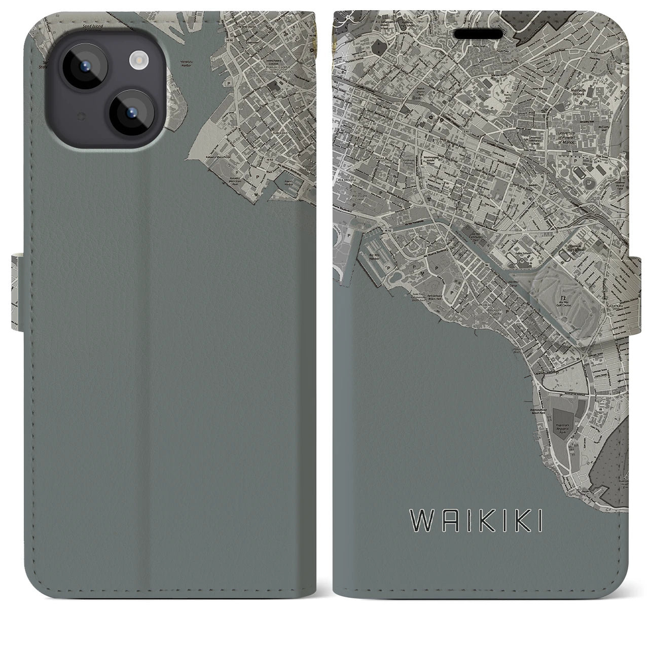 【ワイキキ(アメリカ)】地図柄iPhoneケース(手帳タイプ)モノトーン・iPhone 14 Plus 用