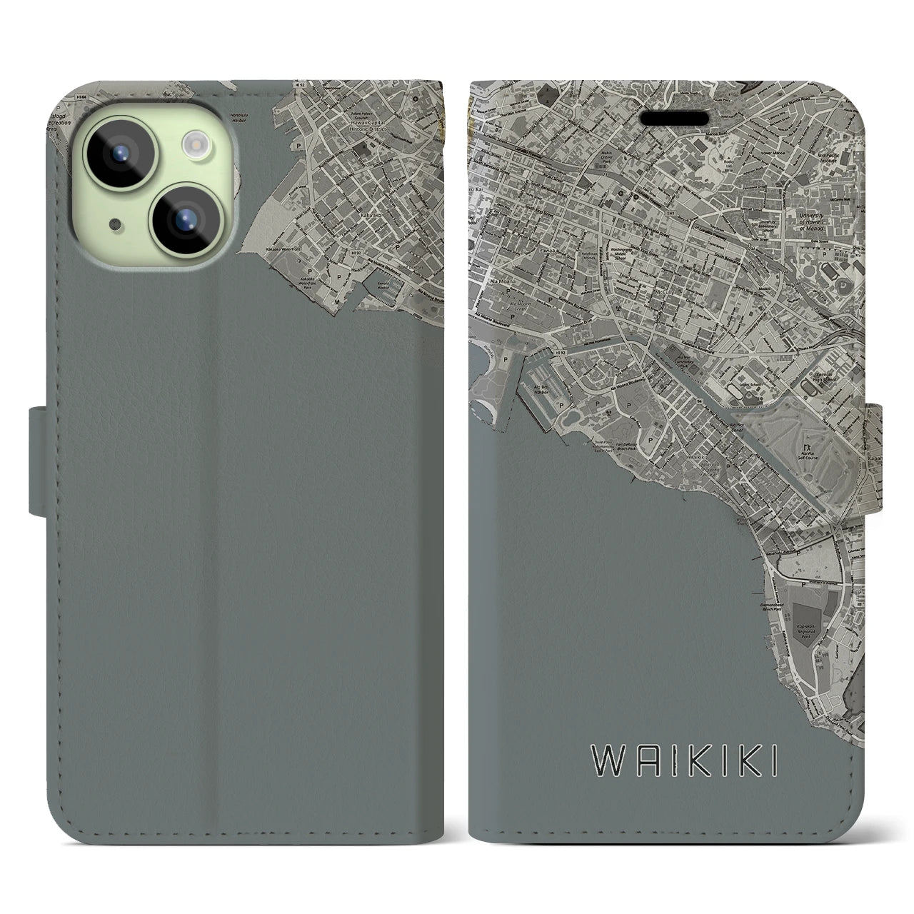 【ワイキキ(アメリカ)】地図柄iPhoneケース(手帳タイプ)モノトーン・iPhone 15 用