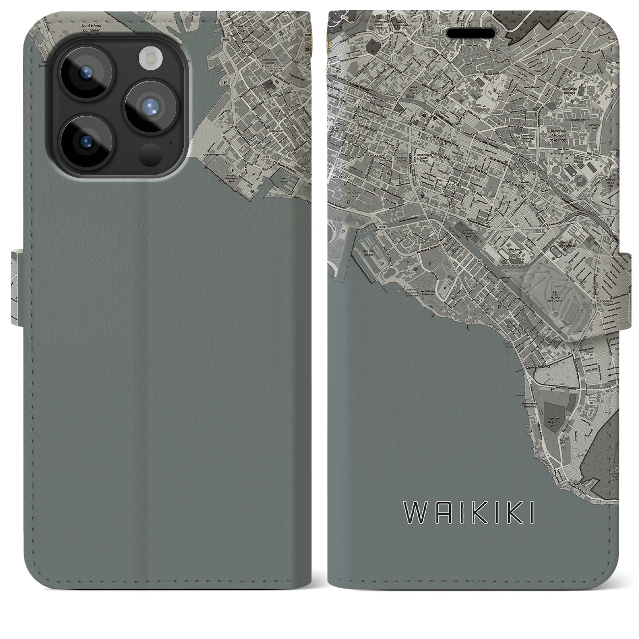 【ワイキキ(アメリカ)】地図柄iPhoneケース(手帳タイプ)モノトーン・iPhone 15 Pro Max 用