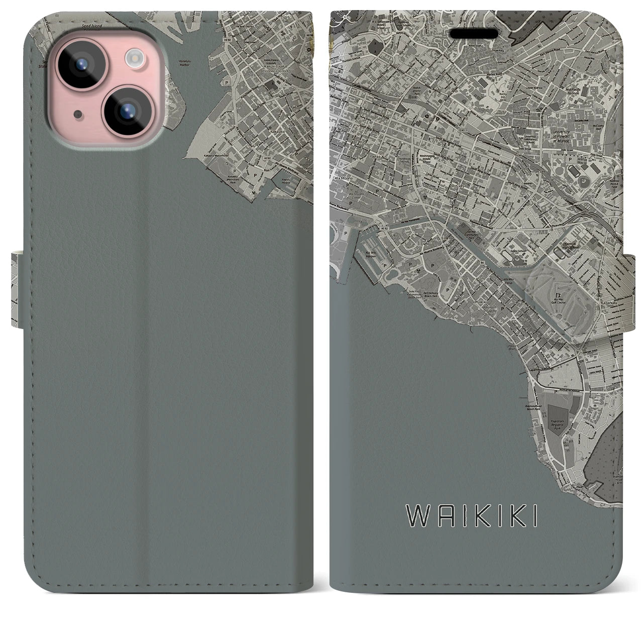 【ワイキキ(アメリカ)】地図柄iPhoneケース(手帳タイプ)モノトーン・iPhone 15 Plus 用