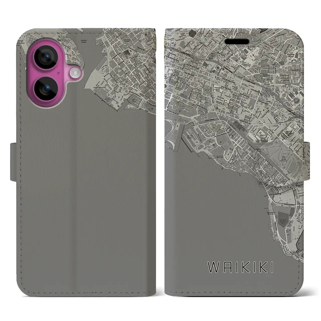 【ワイキキ(アメリカ)】地図柄iPhoneケース(手帳タイプ)モノトーン・iPhone 16 Pro 用