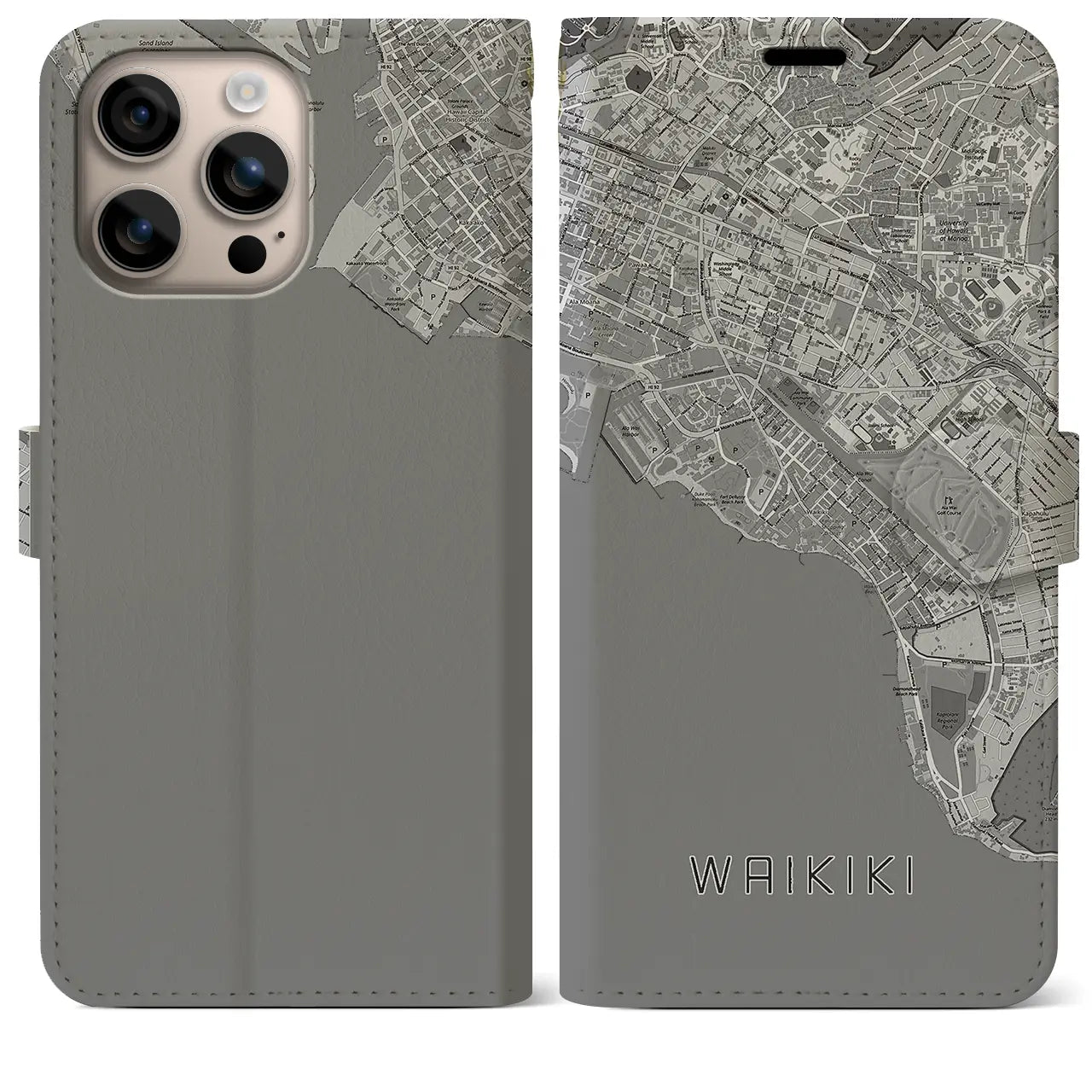 【ワイキキ(アメリカ)】地図柄iPhoneケース(手帳タイプ)モノトーン・iPhone 16 Plus 用