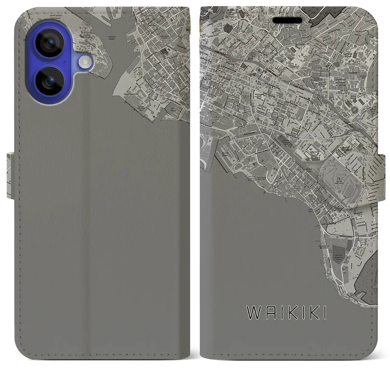【ワイキキ(アメリカ)】地図柄iPhoneケース(手帳タイプ)モノトーン・iPhone 16 Pro Max 用