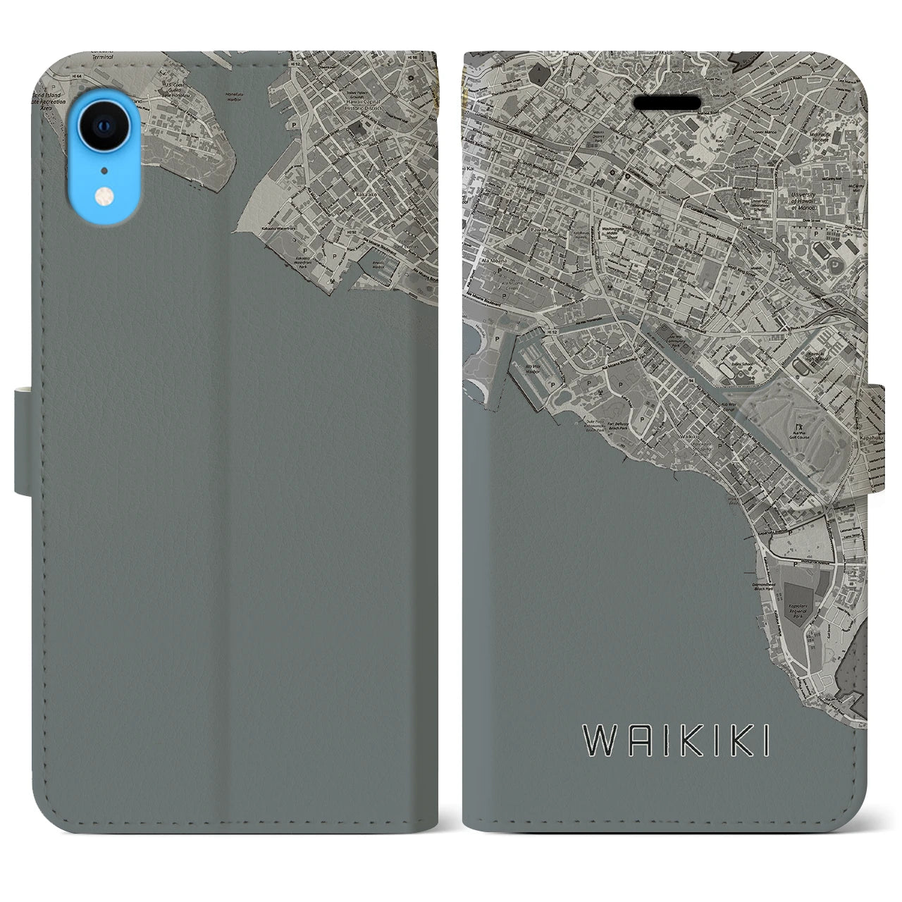 【ワイキキ(アメリカ)】地図柄iPhoneケース(手帳タイプ)モノトーン・iPhone XR 用