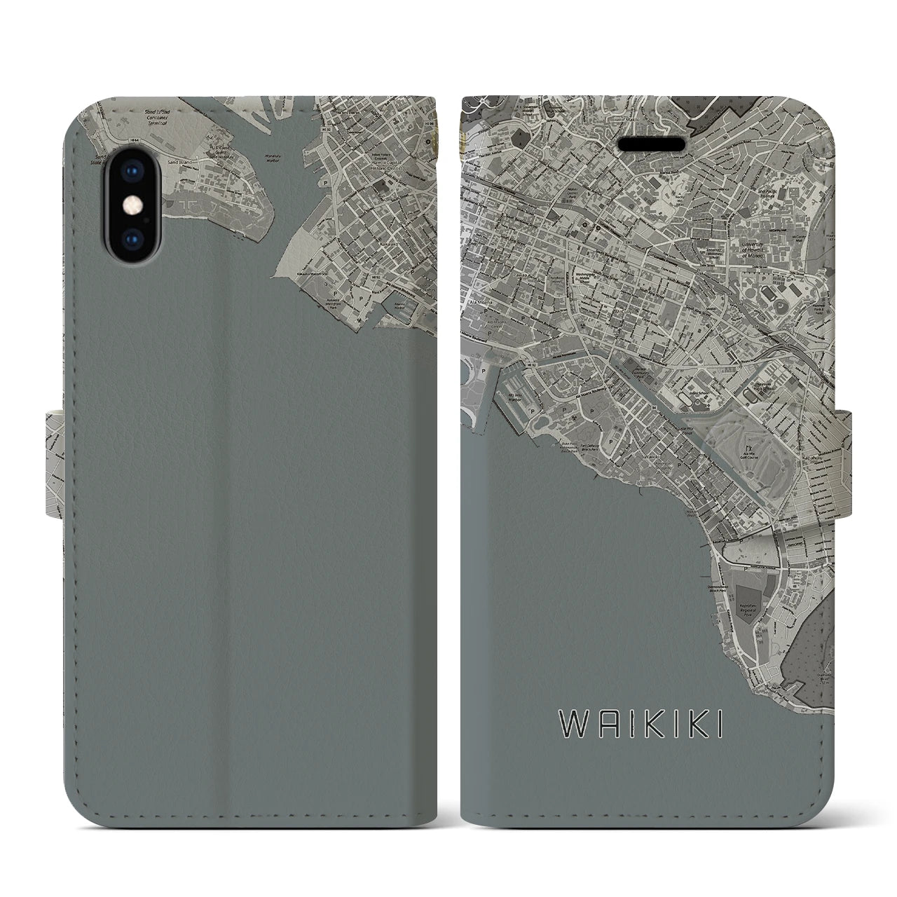 【ワイキキ(アメリカ)】地図柄iPhoneケース(手帳タイプ)モノトーン・iPhone XS / X 用
