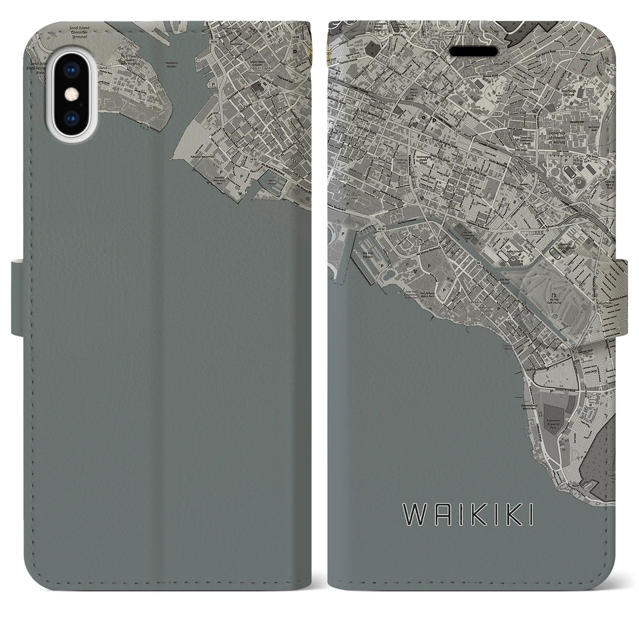 【ワイキキ(アメリカ)】地図柄iPhoneケース(手帳タイプ)モノトーン・iPhone XS Max 用