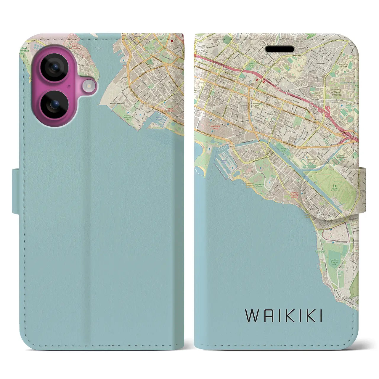 【ワイキキ(アメリカ)】地図柄iPhoneケース(手帳タイプ)ナチュラル・iPhone 16 Pro 用