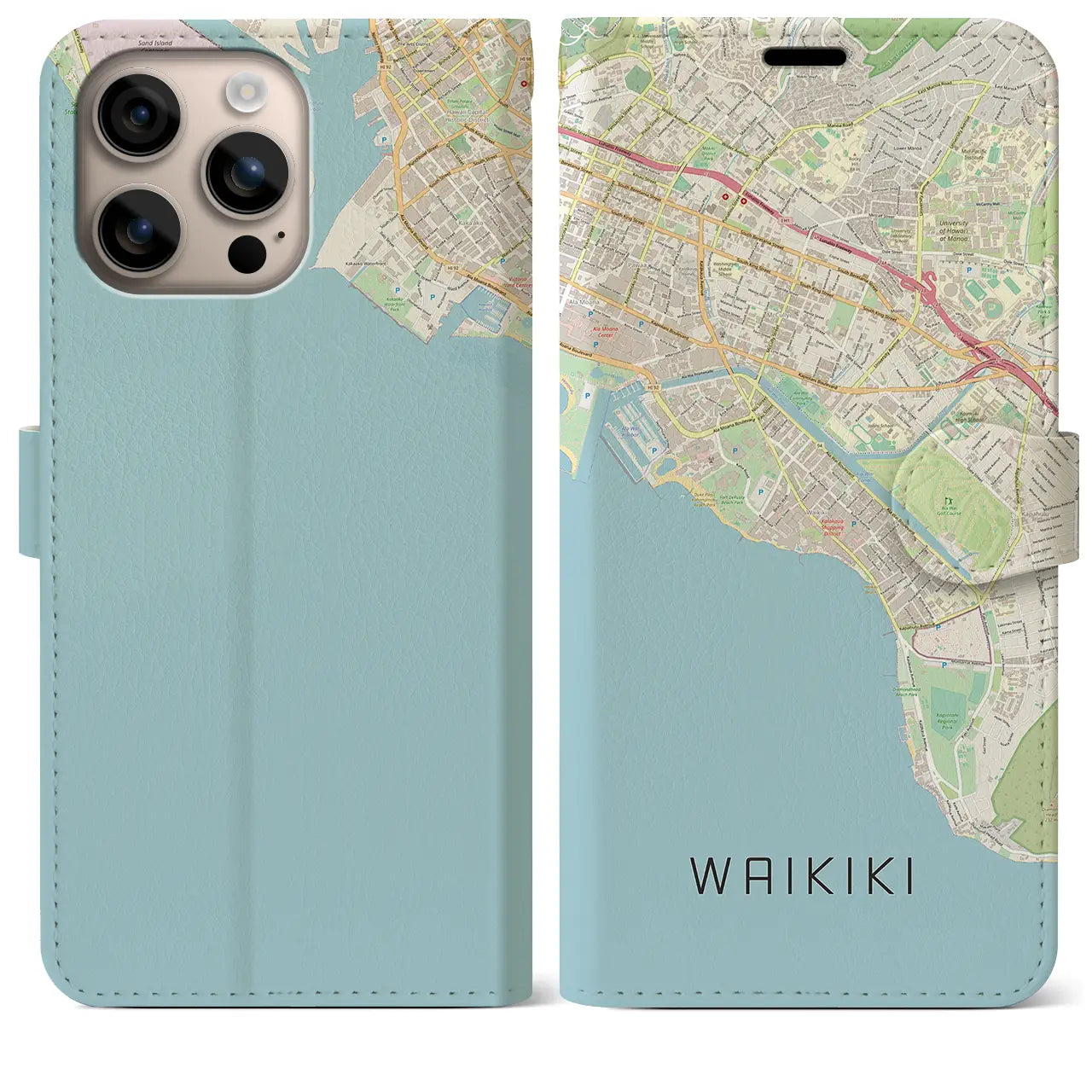 【ワイキキ(アメリカ)】地図柄iPhoneケース(手帳タイプ)ナチュラル・iPhone 16 Plus 用