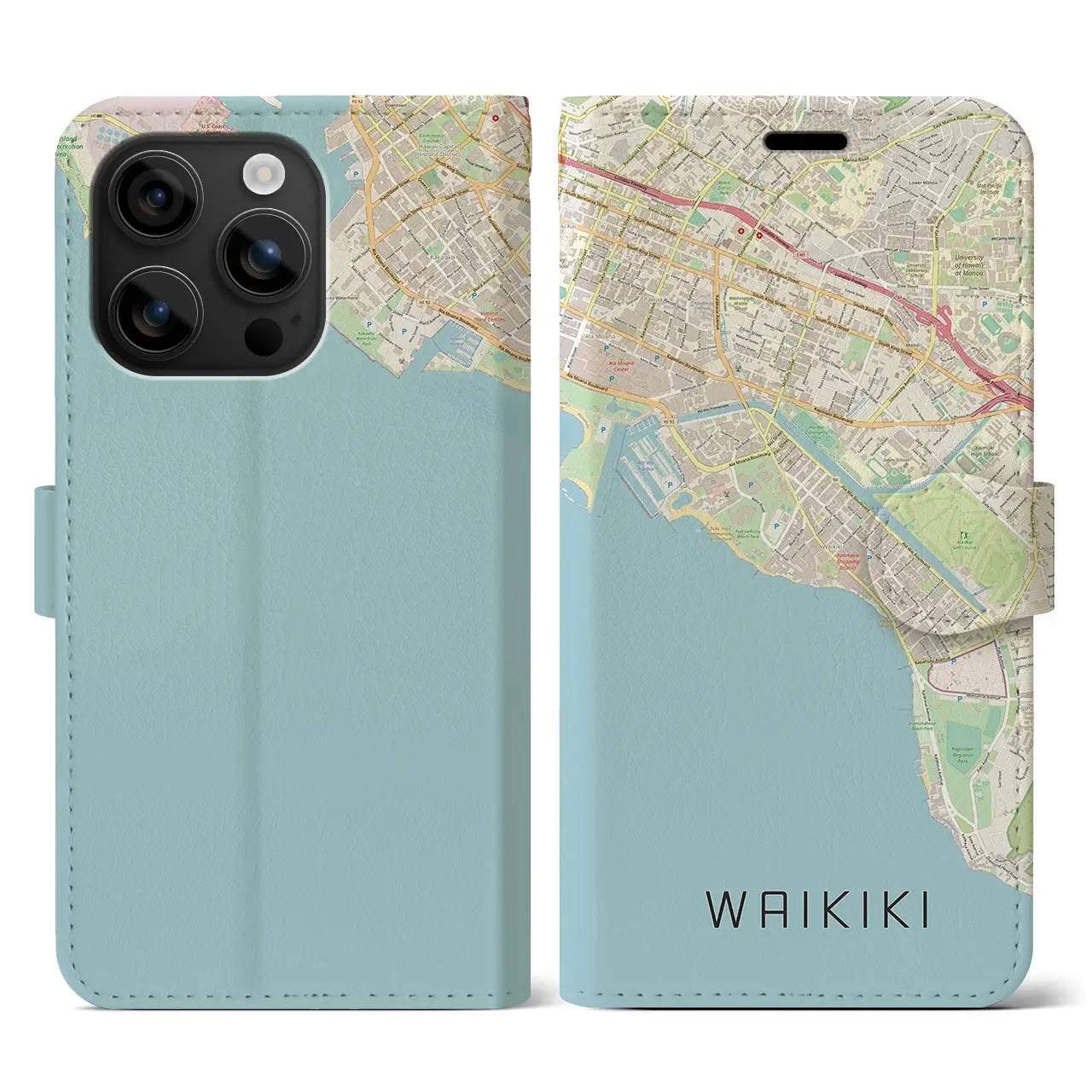 【ワイキキ(アメリカ)】地図柄iPhoneケース(手帳タイプ)ナチュラル・iPhone 16 用