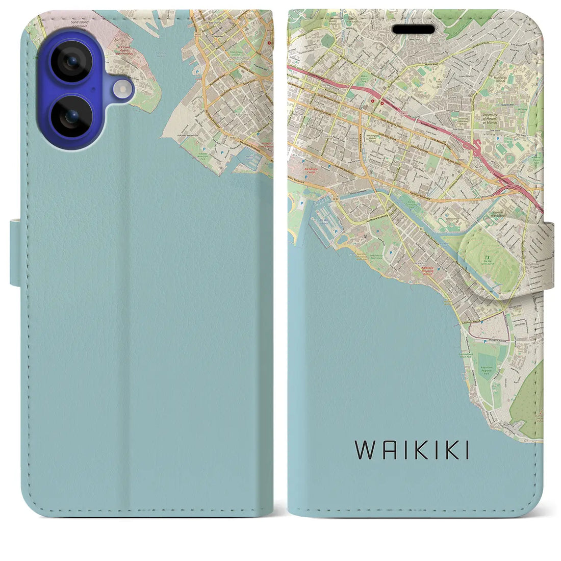 【ワイキキ(アメリカ)】地図柄iPhoneケース(手帳タイプ)ナチュラル・iPhone 16 Pro Max 用