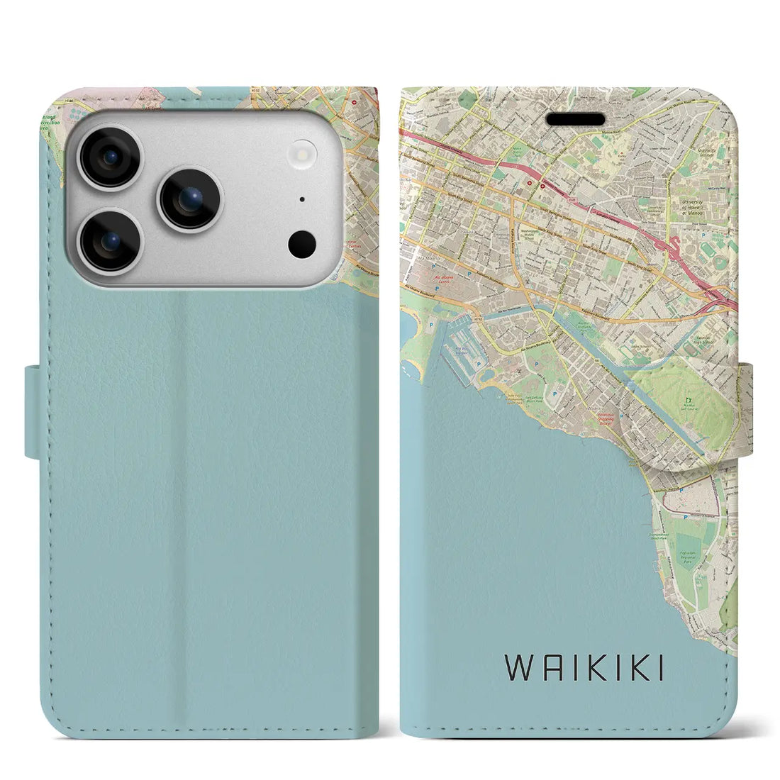 【ワイキキ(アメリカ)】地図柄iPhoneケース(手帳タイプ)ナチュラル・iPhone 17 Pro Max 用
