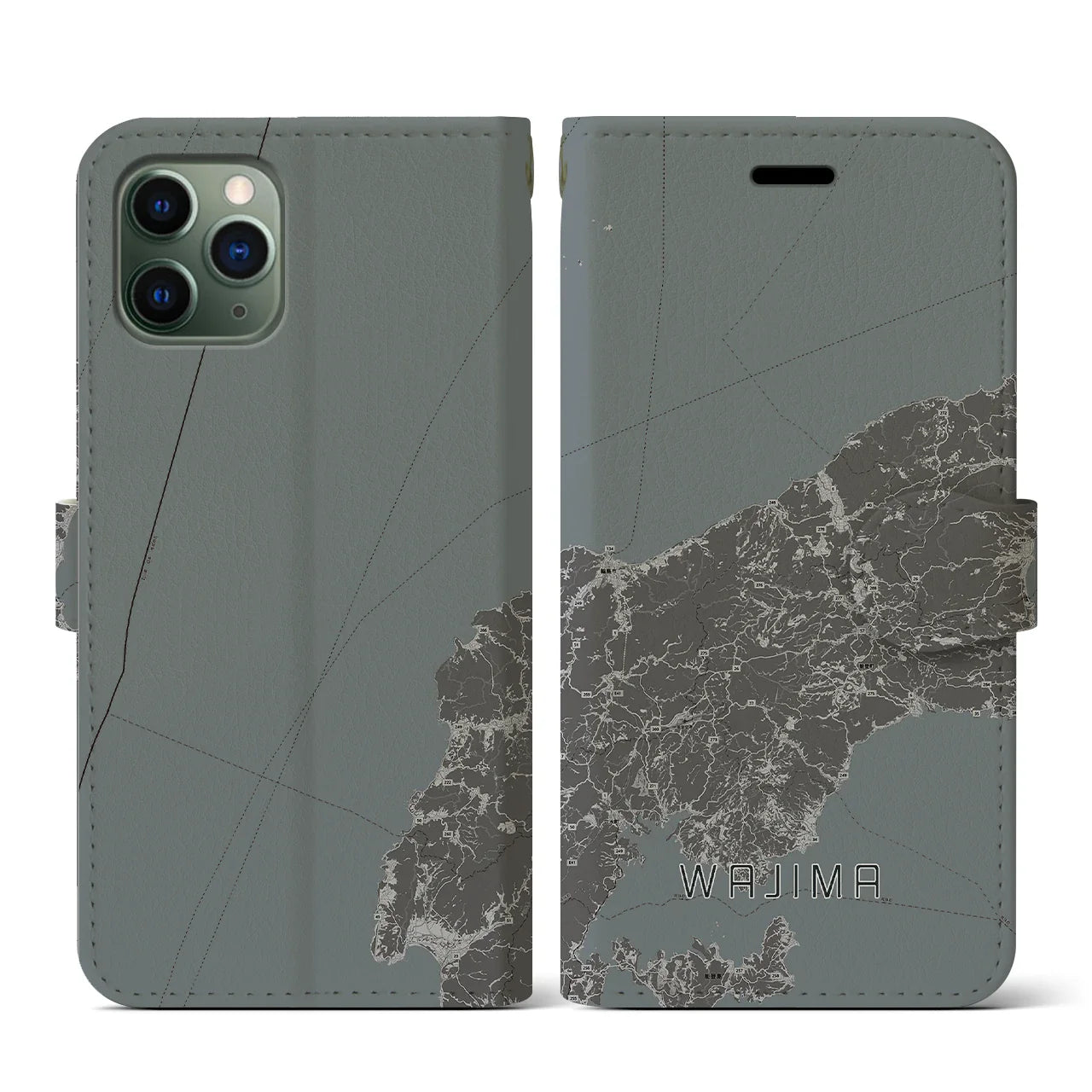 【輪島(石川県)】地図柄iPhoneケース(手帳タイプ)モノトーン・iPhone 11 Pro 用