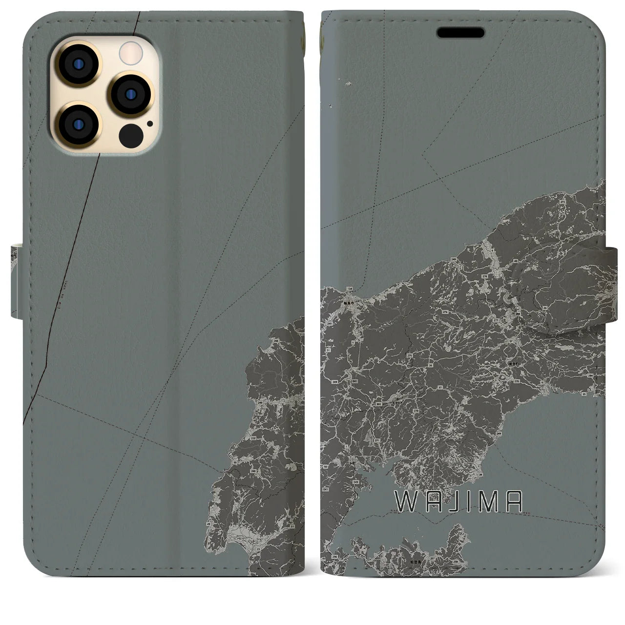 【輪島(石川県)】地図柄iPhoneケース(手帳タイプ)モノトーン・iPhone 12 Pro Max 用