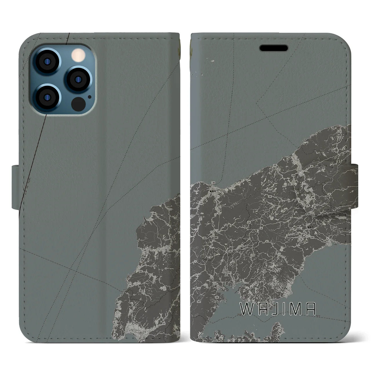 【輪島(石川県)】地図柄iPhoneケース(手帳タイプ)モノトーン・iPhone 12 / 12 Pro 用