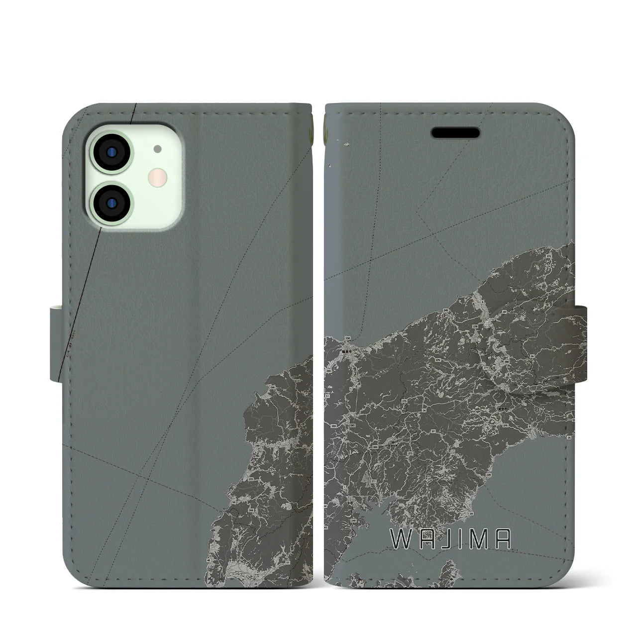 【輪島(石川県)】地図柄iPhoneケース(手帳タイプ)モノトーン・iPhone 12 mini 用