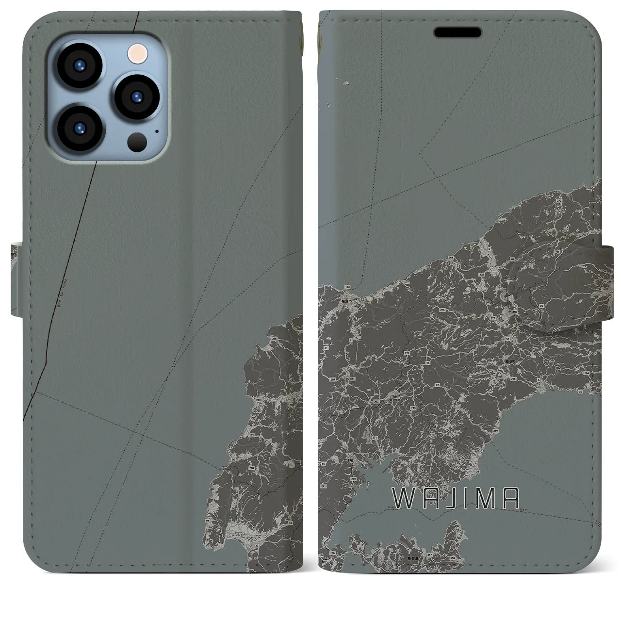 【輪島(石川県)】地図柄iPhoneケース(手帳タイプ)モノトーン・iPhone 13 Pro Max 用