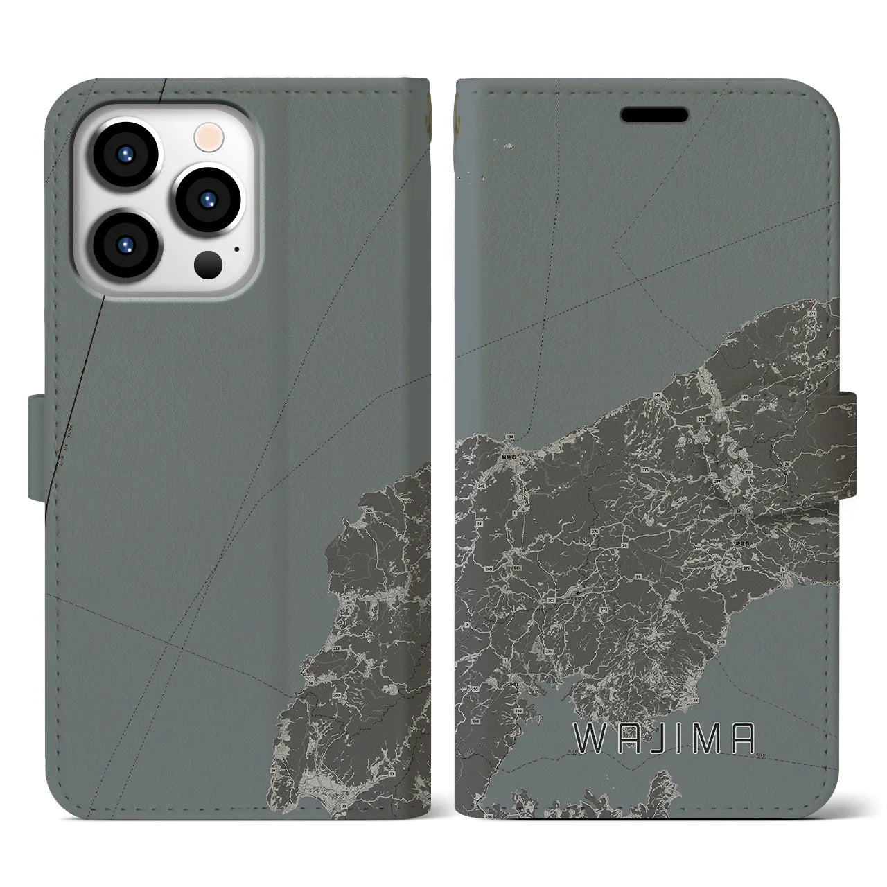 【輪島(石川県)】地図柄iPhoneケース(手帳タイプ)モノトーン・iPhone 13 Pro 用