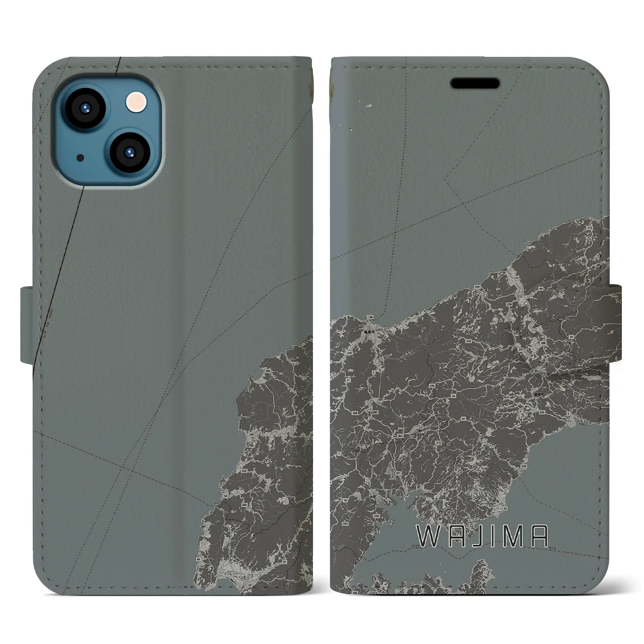 【輪島(石川県)】地図柄iPhoneケース(手帳タイプ)モノトーン・iPhone 13 用