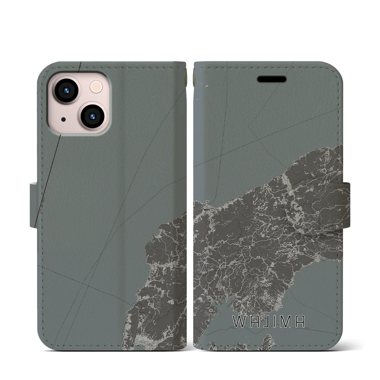 【輪島(石川県)】地図柄iPhoneケース(手帳タイプ)モノトーン・iPhone 13 mini 用