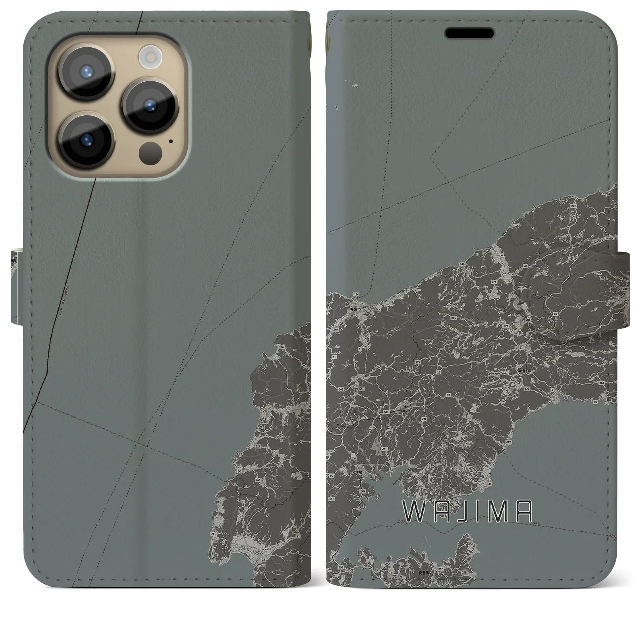 【輪島(石川県)】地図柄iPhoneケース(手帳タイプ)モノトーン・iPhone 14 Pro Max 用