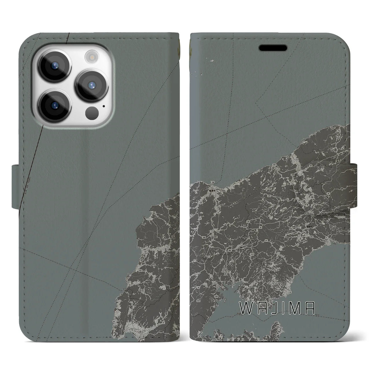 【輪島(石川県)】地図柄iPhoneケース(手帳タイプ)モノトーン・iPhone 14 Pro 用