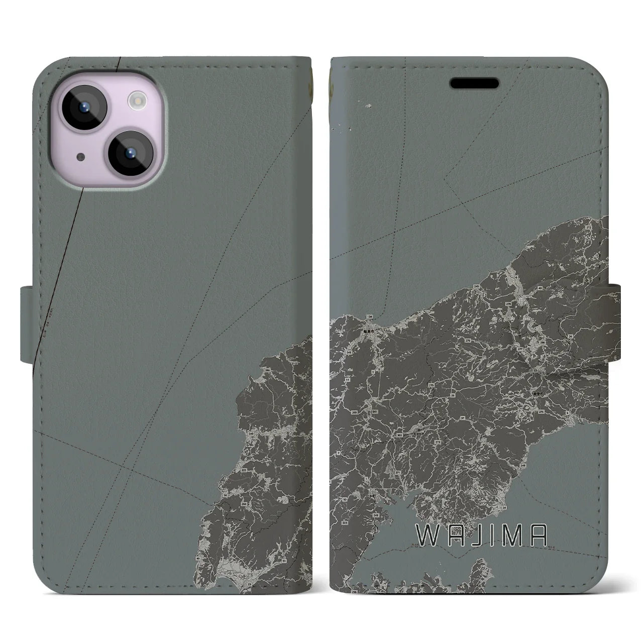 【輪島(石川県)】地図柄iPhoneケース(手帳タイプ)モノトーン・iPhone 14 用
