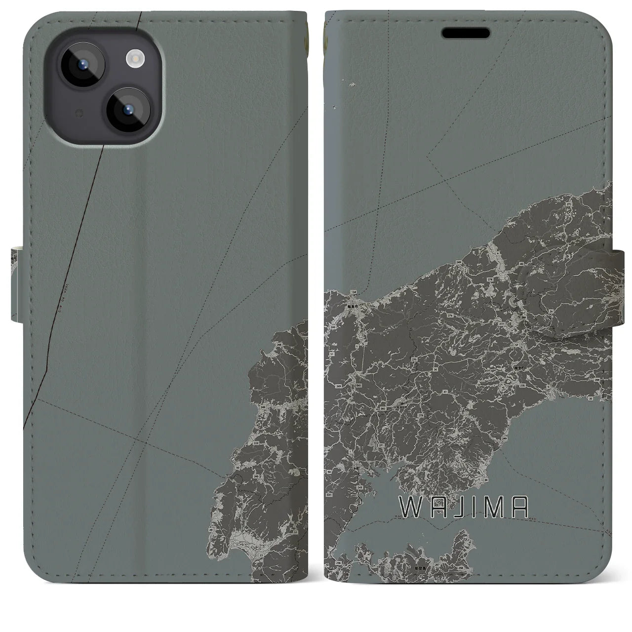 【輪島(石川県)】地図柄iPhoneケース(手帳タイプ)モノトーン・iPhone 14 Plus 用