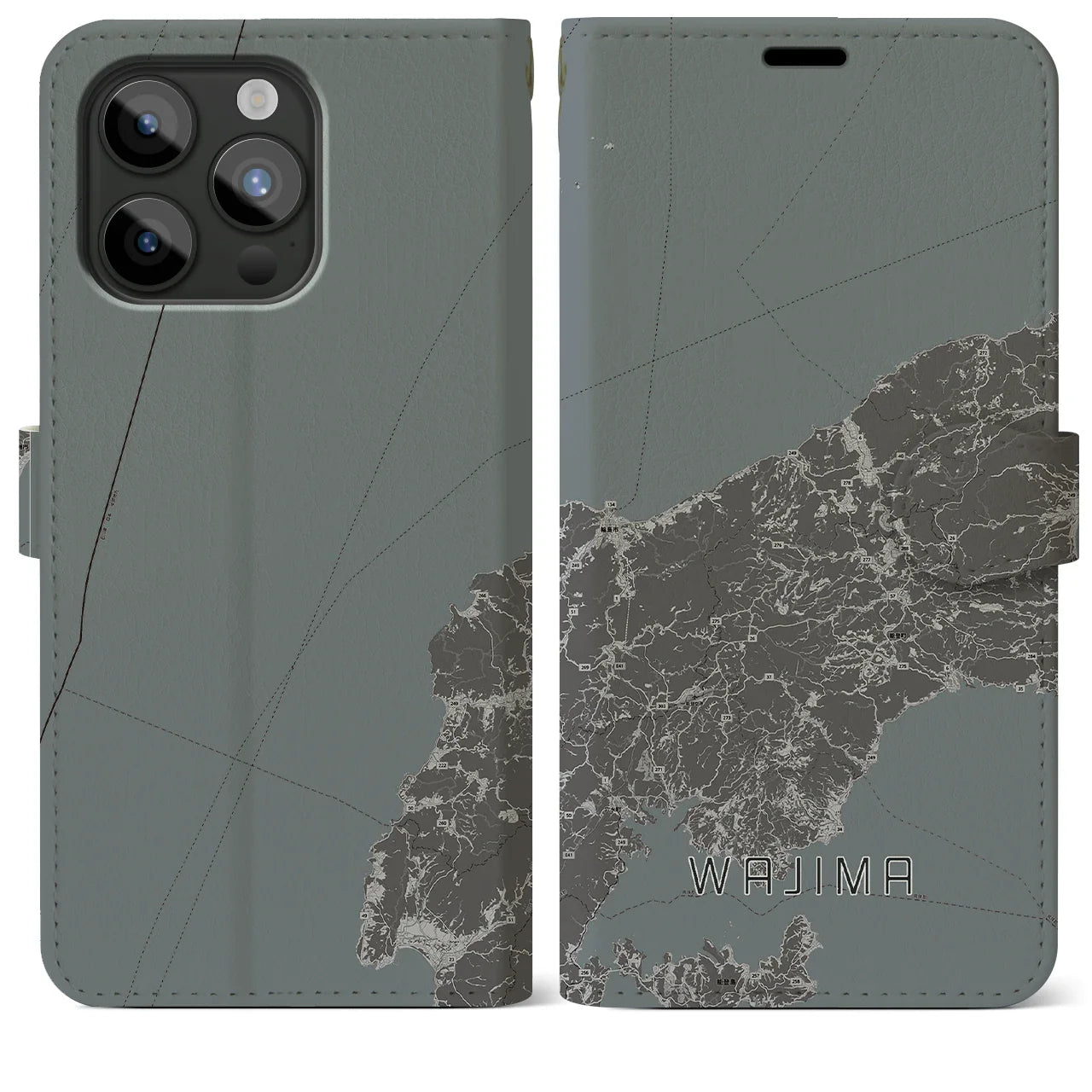 【輪島(石川県)】地図柄iPhoneケース(手帳タイプ)モノトーン・iPhone 15 Pro Max 用