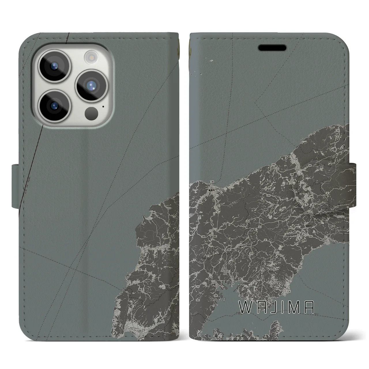 【輪島(石川県)】地図柄iPhoneケース(手帳タイプ)モノトーン・iPhone 15 Pro 用