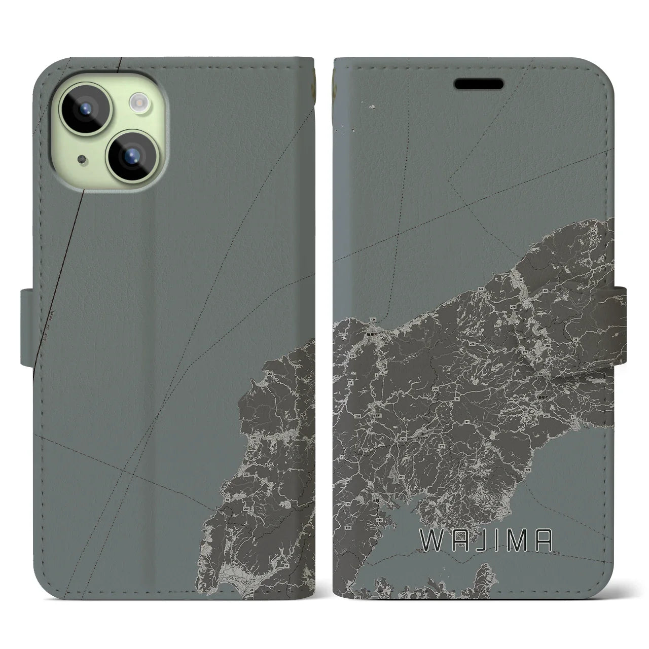 【輪島(石川県)】地図柄iPhoneケース(手帳タイプ)モノトーン・iPhone 15 用