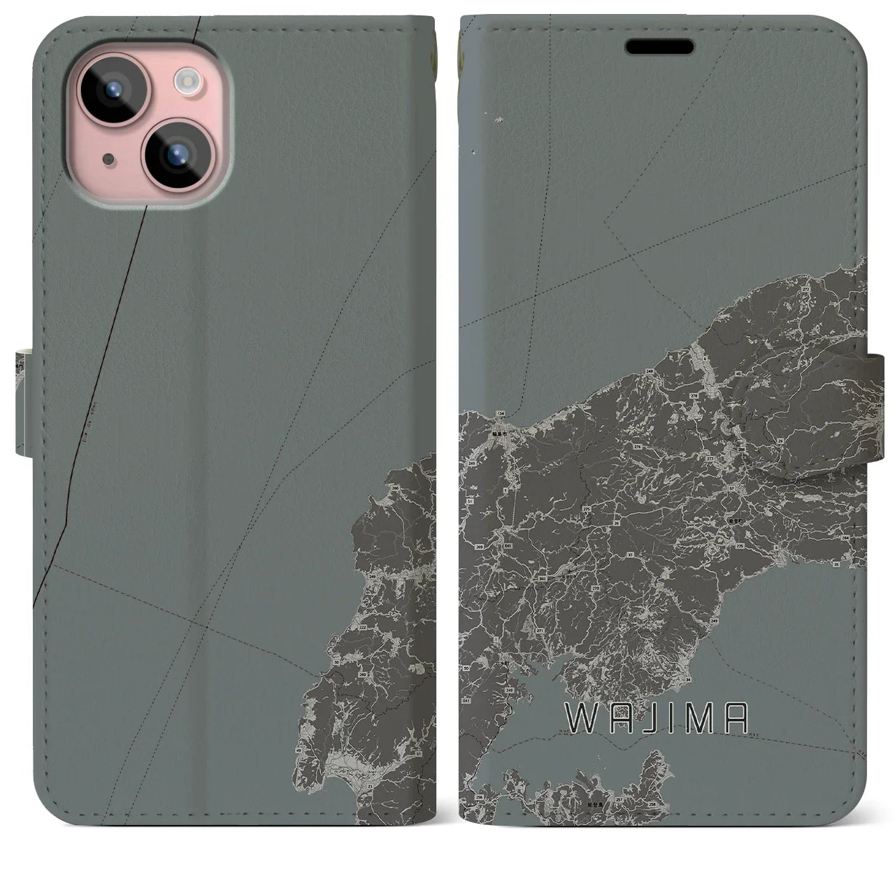 【輪島(石川県)】地図柄iPhoneケース(手帳タイプ)モノトーン・iPhone 15 Plus 用