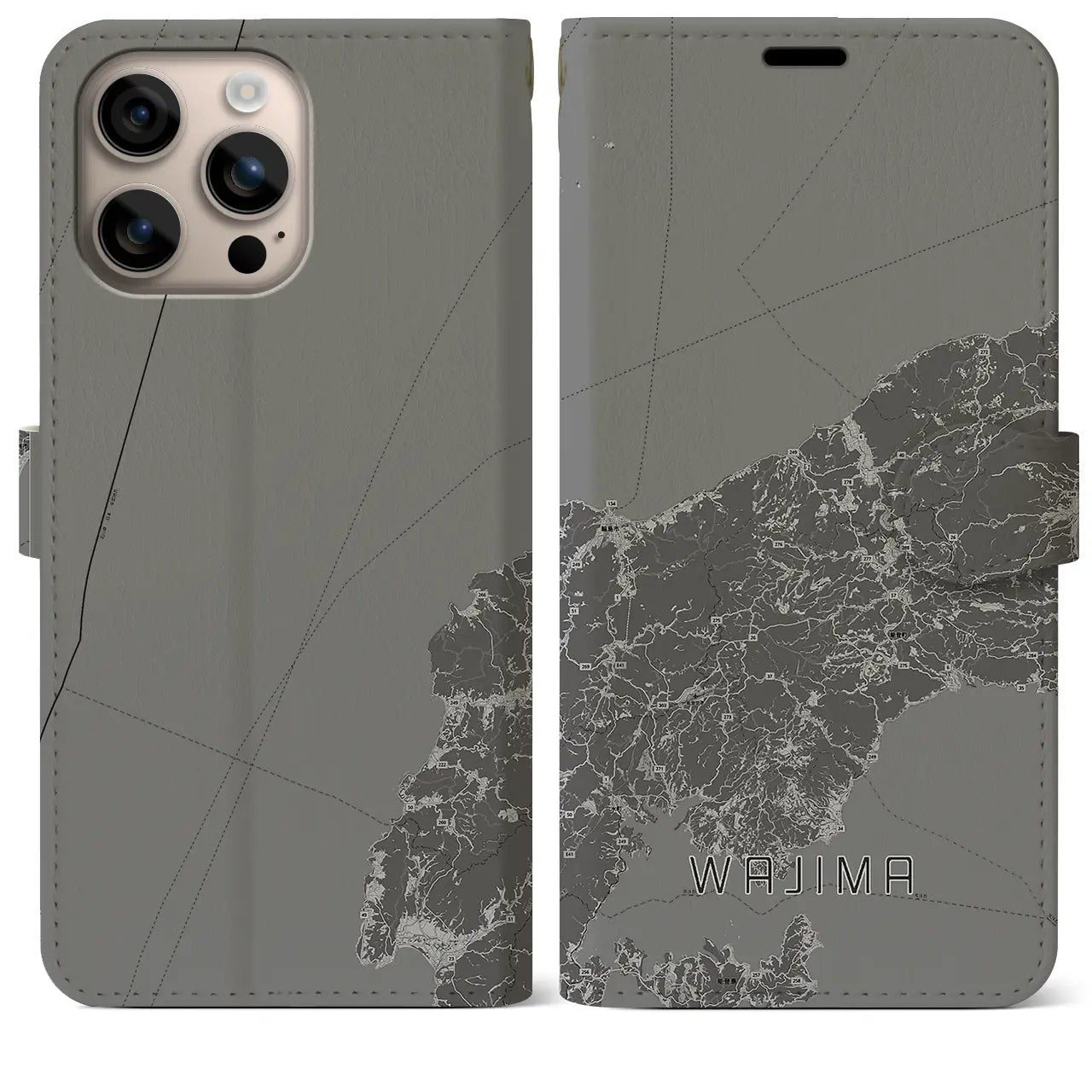 【輪島(石川県)】地図柄iPhoneケース(手帳タイプ)モノトーン・iPhone 16 Plus 用